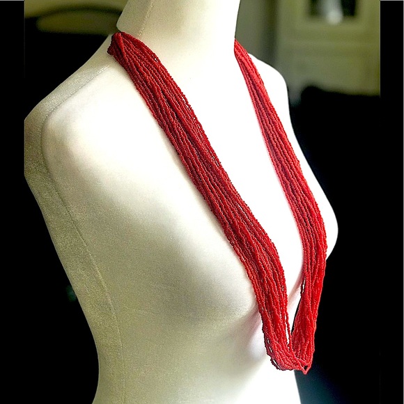 VINTAGE 1970s RARE American Indian Multi Strand Red Seed Bead Coral Necklace - Picture 2 of 16